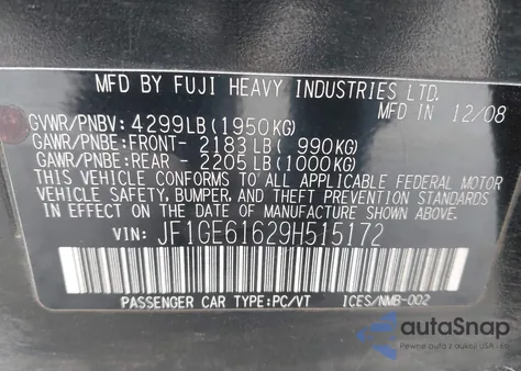 2009 Subaru Impreza 2.5I from USA, damaged, VIN JF1GE61629H515172